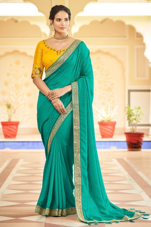 Turquoise Green Art Silk Saree with Embroidered Lace
