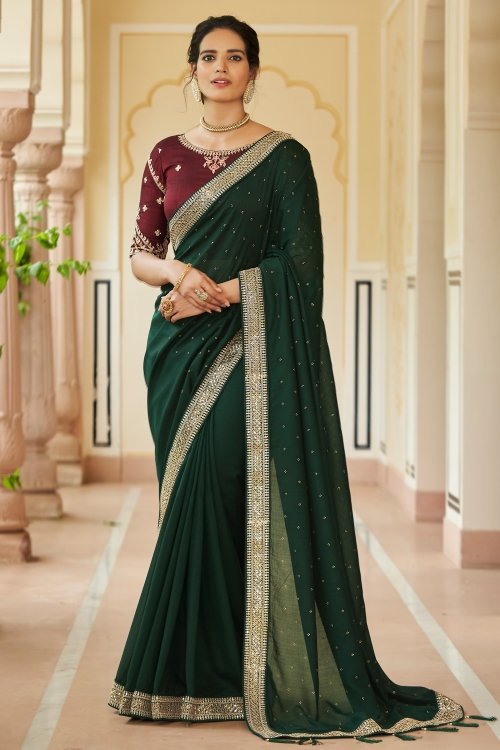 Dark Green Art Silk Saree with Sequinned Lace