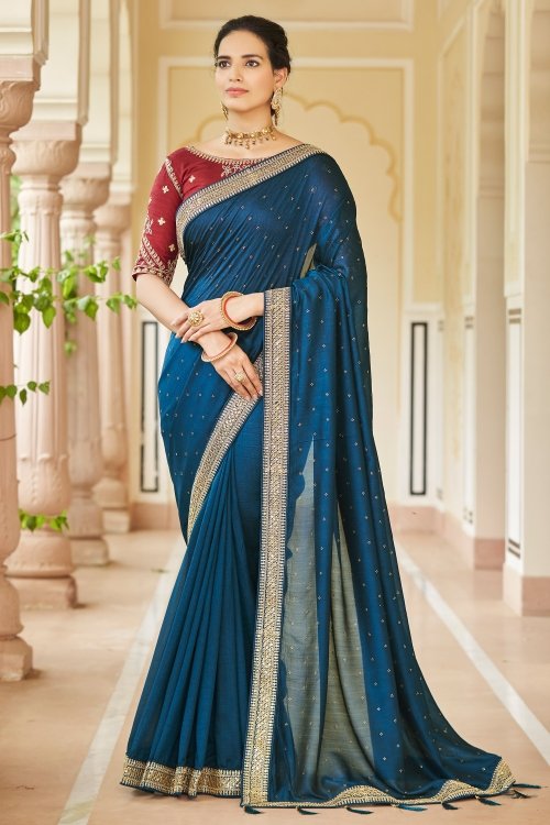 Blue Art Silk Saree with Sequinned Lace