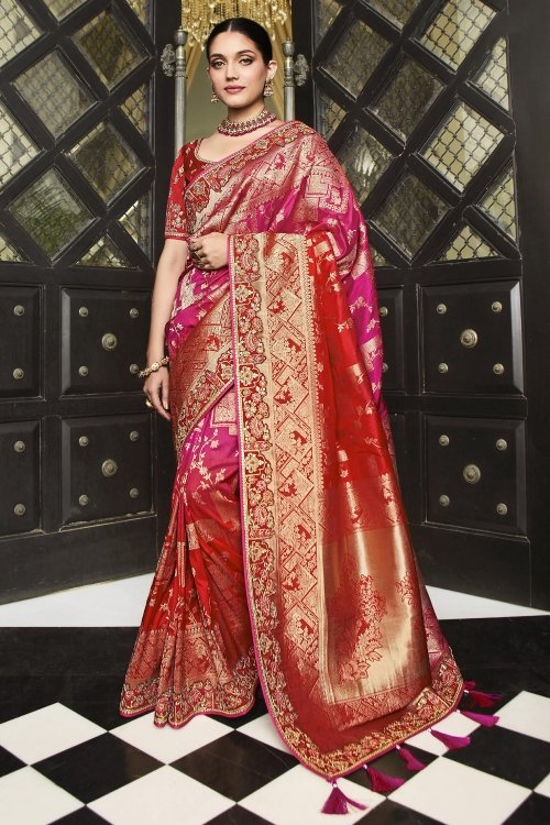 Pink and Red Satin Silk Traditional Woven Saree