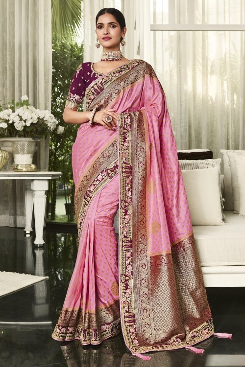 Pink Satin Silk Woven Saree Contrast Border and Pallu