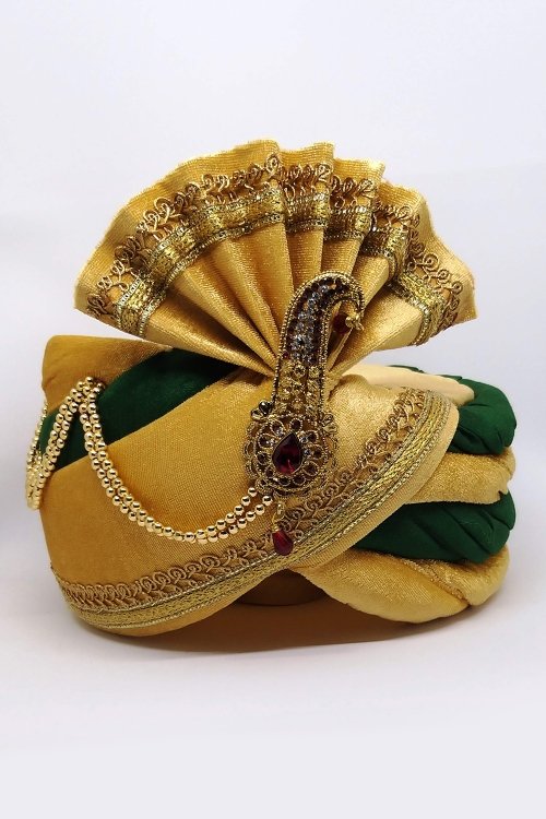 Golden and Green Plain Safa with Brooch