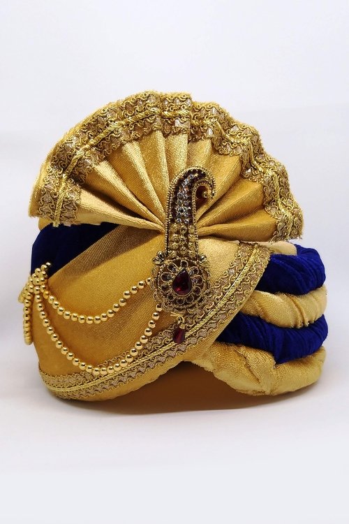 Golden and Blue Velvet Safa with Lace