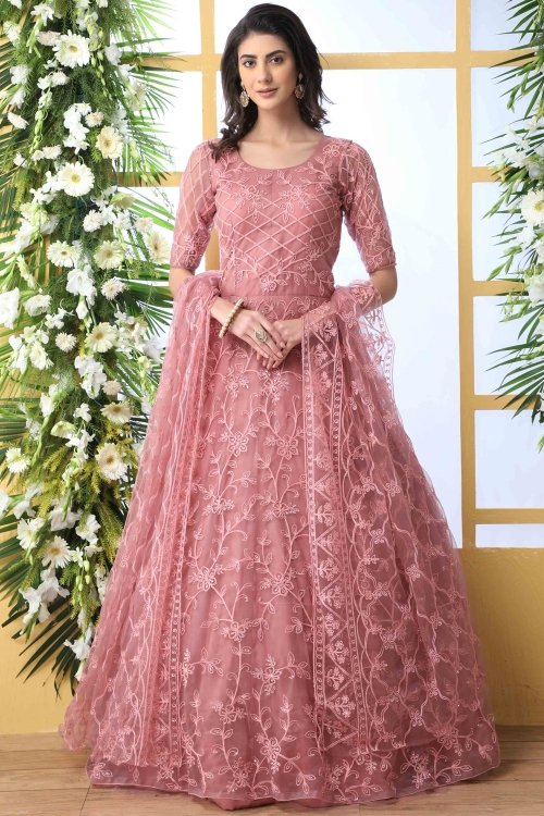 Dusty Pink Net Designer Thread Embroidered Flared Anarkali Gown