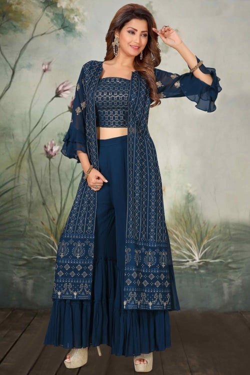 Prussian Blue Georgette Indo Western Sharara Suit with Sequins Worked Long Jacket