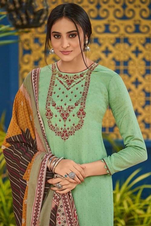 Green Cotton Straight Cut Suit with Embroidery