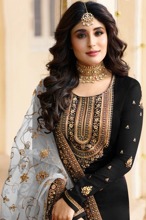 Kritika Kamra Black Satin Georgette Straight Cut Suit with Embroidery