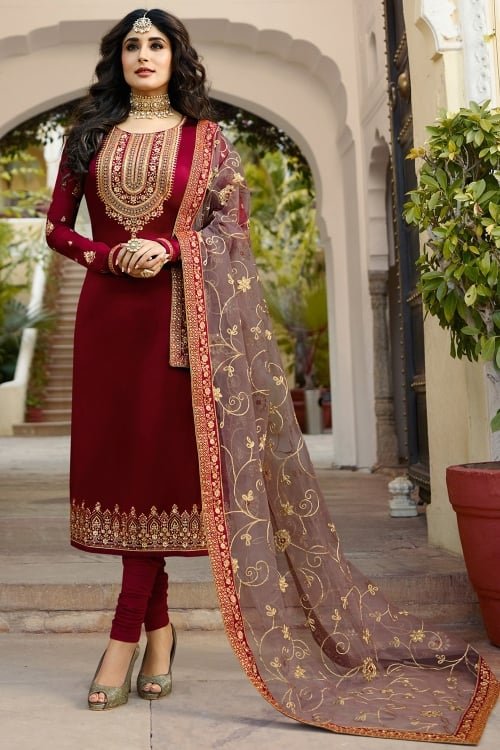 Kritika Kamra Maroon Satin Georgette Straight Cut Suit with Embroidery