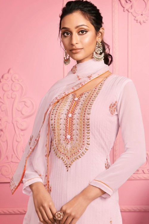 Light Pink Georgette Thread Embroidered Suit