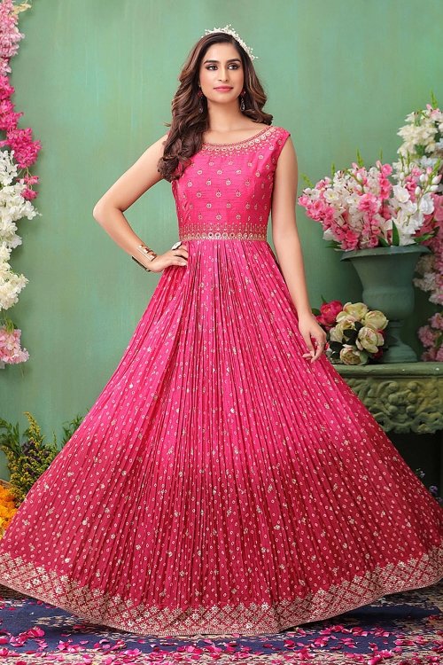 Rani Pink Silk Anarkali Bandhej Print Suit