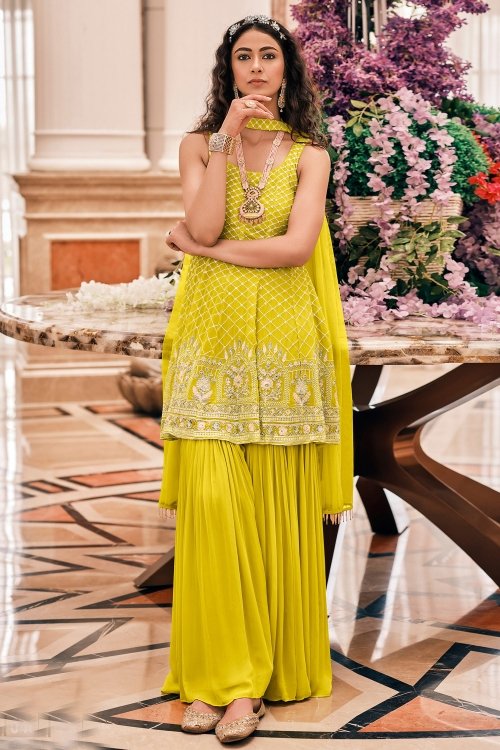 Lemon Yellow Georgette Viscose Embroidered Sharara Suit