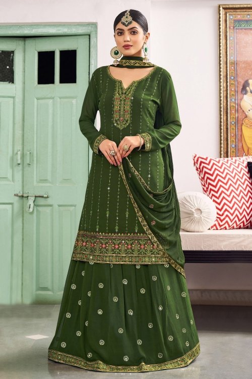 Green Georgette Embroidered Lehenga Suit