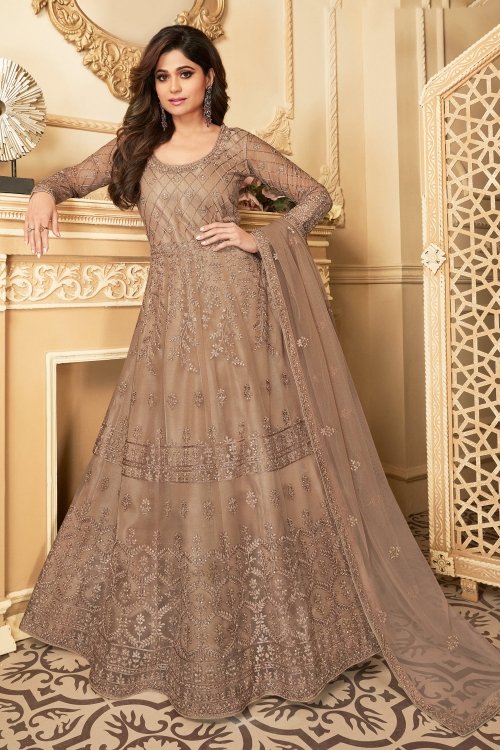 Shamita Shetty Taupe Net Anarkali Suit with Embroidery