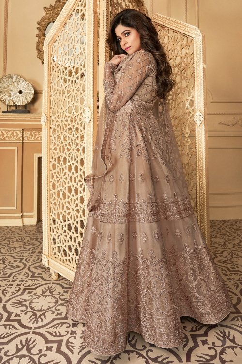 Shamita Shetty Taupe Net Anarkali Suit with Embroidery