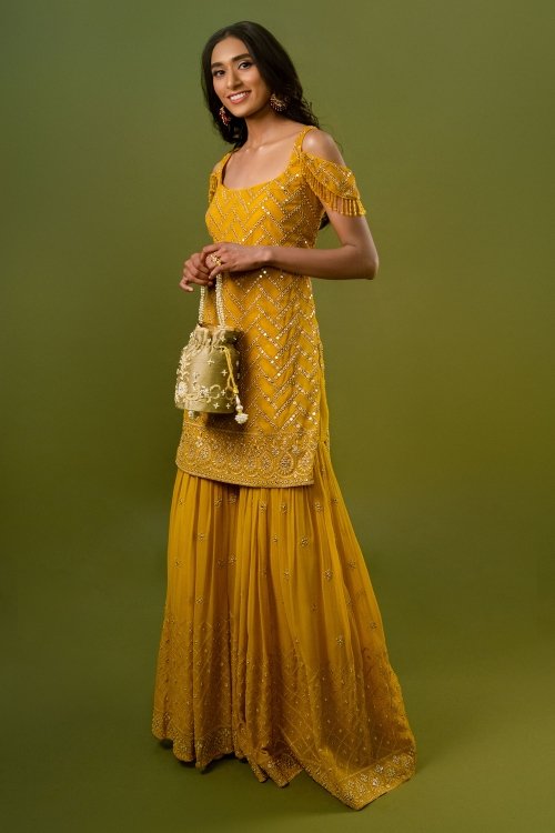 Mustard Georgette Embroidered Sharara Suit