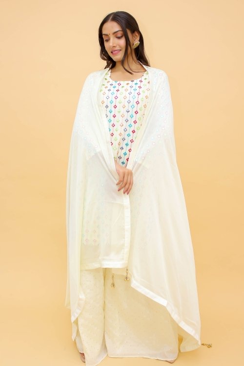 Off White Georgette Applique Worked Suit