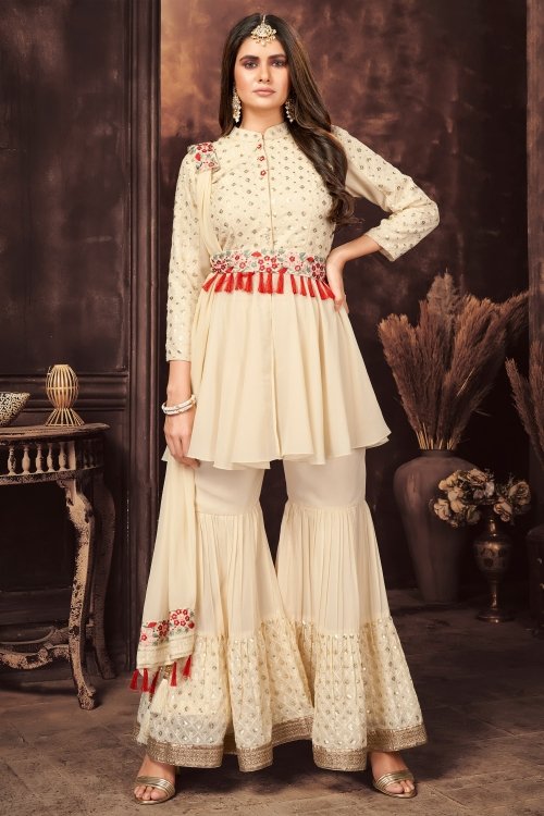 Off White Georgette Sequinned Sharara Suit