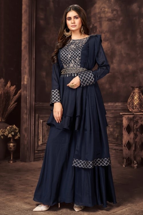 Blue Chinon Embroidered Palazzo Suit