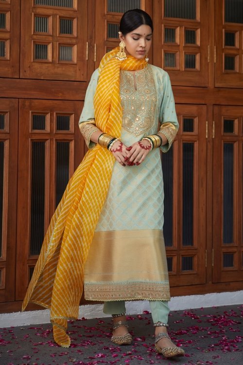 Light Blue Banarasi Silk Woven Suit