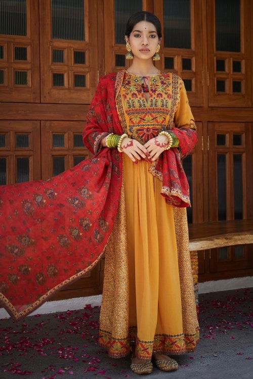 Orange Georgette Silk Suit with Embroidery