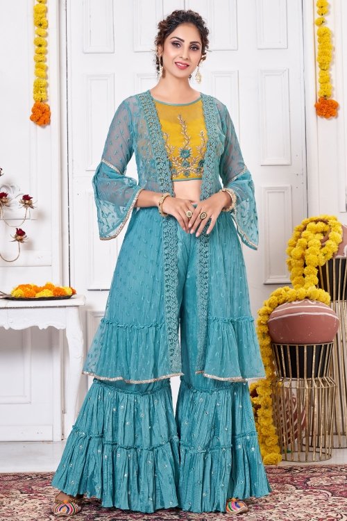 Blue and Yellow Georgette Crop Top Sharara with Jacket