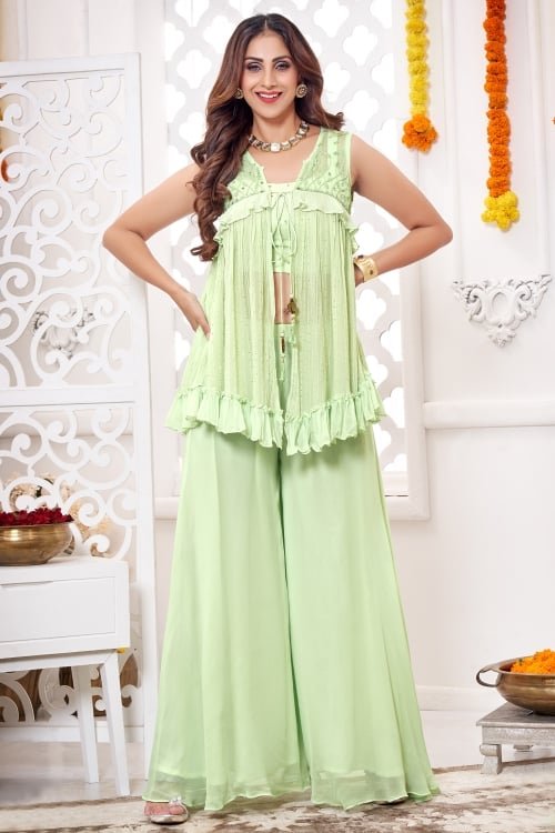 Light Green Georgette Crop Top Palazzo with Jacket