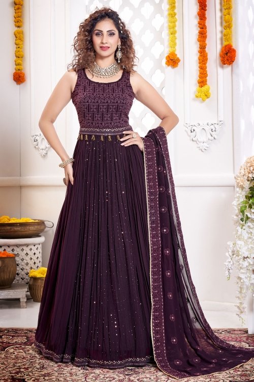 Wine Purple Georgette Lucknowi Work Anarkali Suit