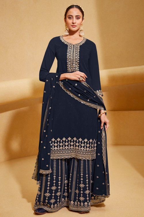 Blue Georgette Embroidered Palazzo Suit