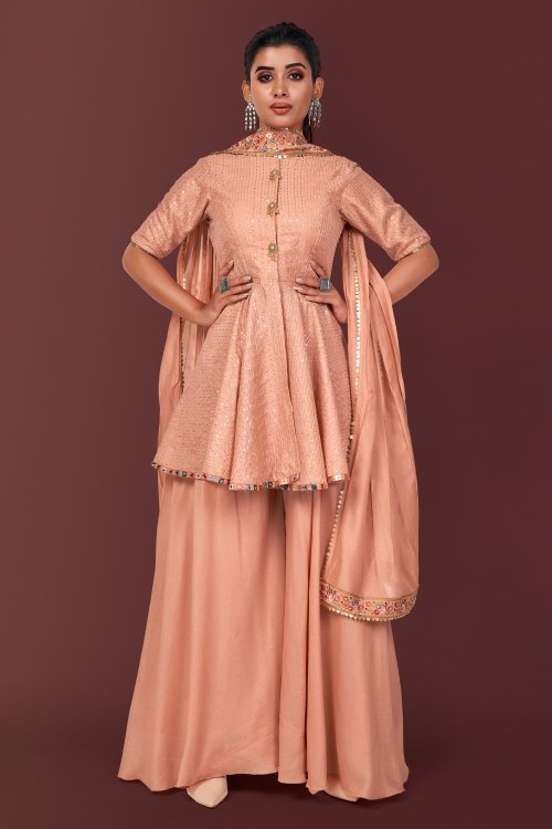 Peach Banarasi Silk Sequinned Palazzo Suit