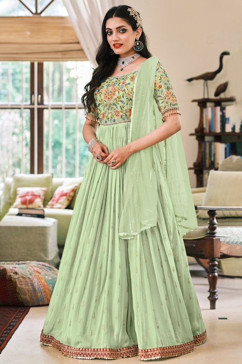 Light Green Georgette Anarkali Suit with Embroidery
