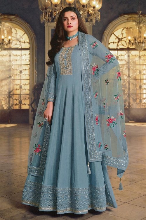 Prachi Desai Light Blue Art Silk Anarkali Suit