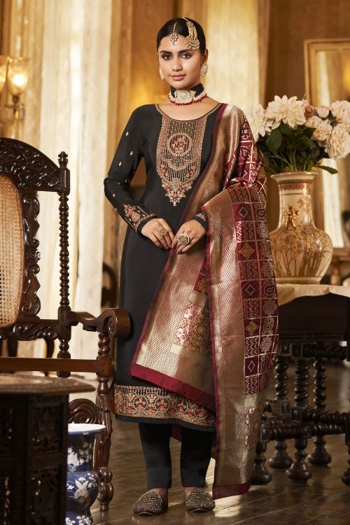 Black Crepe Embroidered Suit