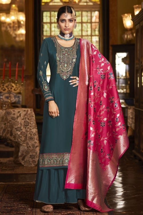 Rama Blue Crepe Embroidered Suit