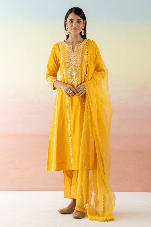 Mustard Chanderi Cotton Suit with Embroidery