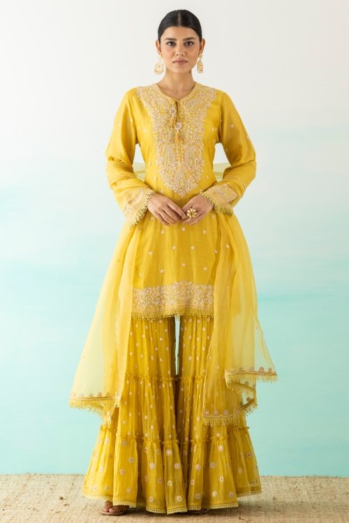 Mustard Cotton Sharara Suit with Embroidery