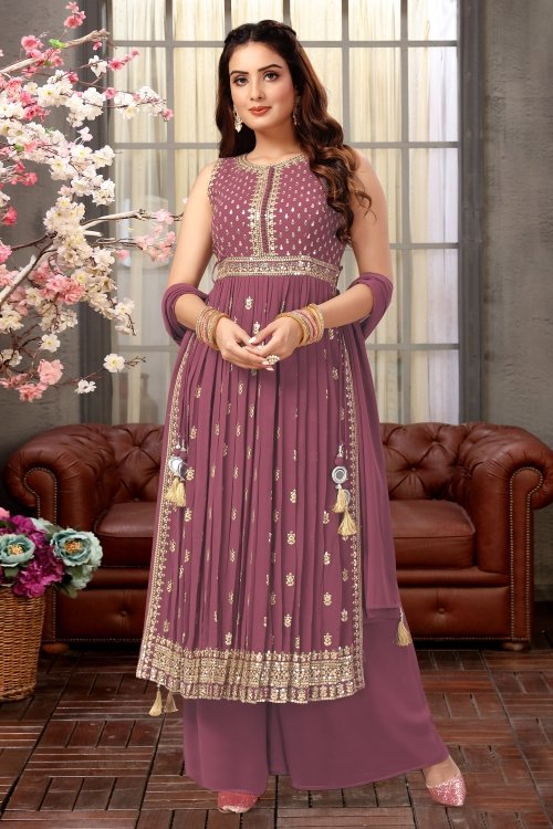 Mauve Georgette Sequinned Palazzo Suit