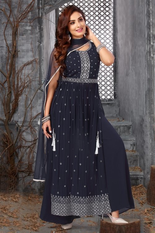 Blue Georgette Palazzo Suit with Sequins