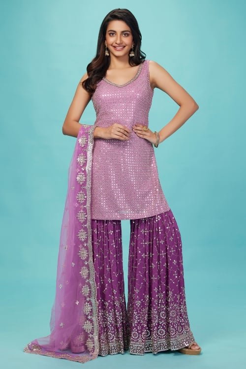 Light Purple Georgette Sequinned Sharara Suit