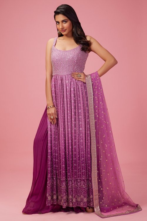 Purple Georgette Sequinned Palazzo Suit