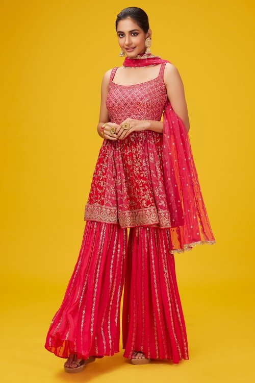 Pink and Red Georgette Peplum Sharara Suit