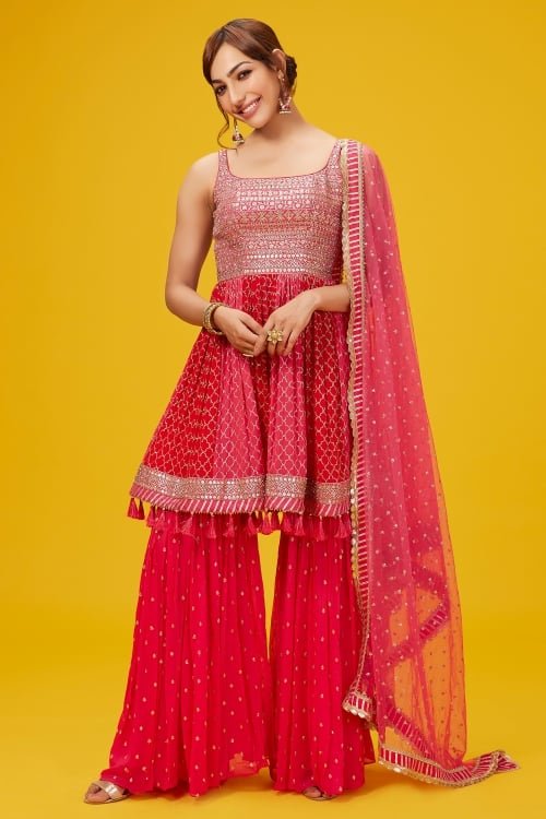 Pink and Red Georgette Peplum Sharara Suit