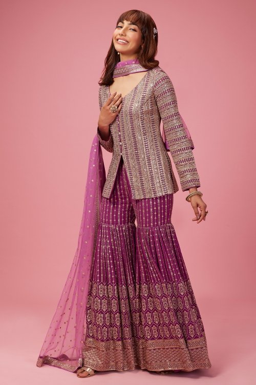 Purple Georgette Mirror Worked Sharara Suit