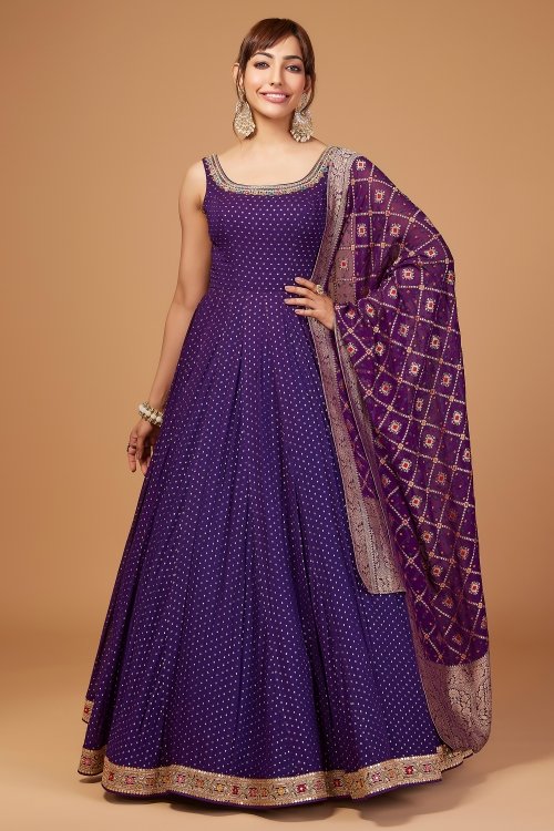 Purple Georgette Weaving Anarkali Suit