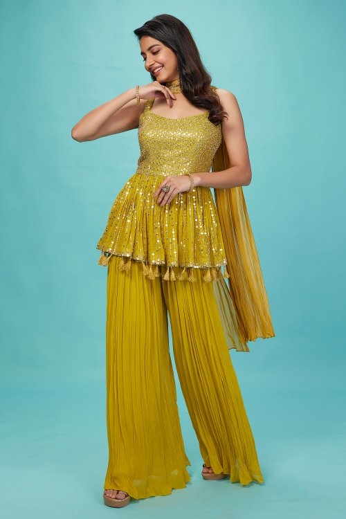 Yellow Georgette Sequins Palazzo Suit