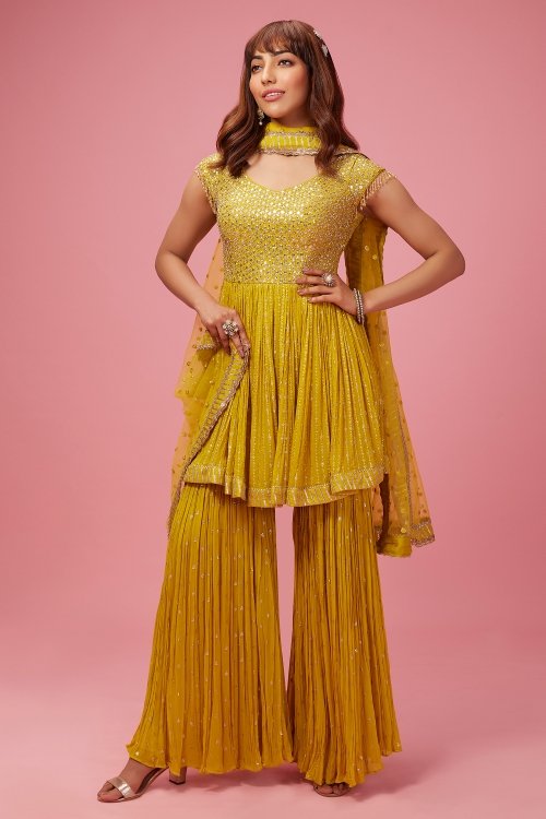 Yellow Georgette Sequins Sharara Suit
