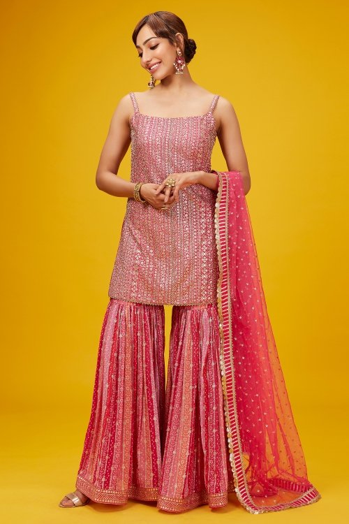 Pink Georgette Sharara Suit with Sequins Work