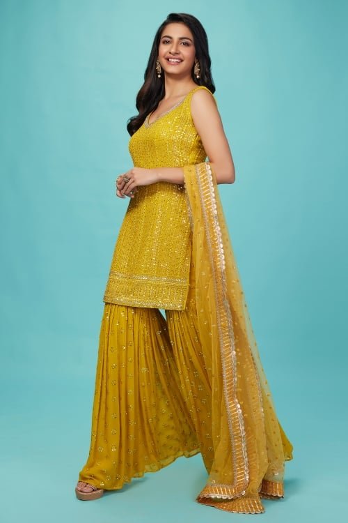 Yellow Georgette Sharara Suit with Applique Work