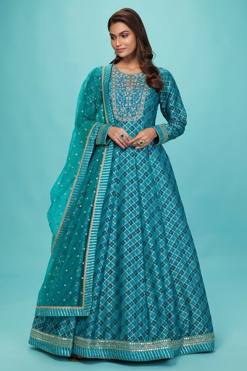 Blue Silk Woven Anarkali Suit
