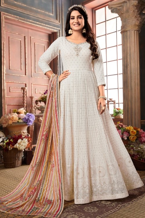 Off White Georgette Sequinned Anarkali Suit
