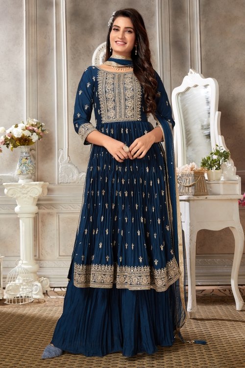 Blue Georgette Chinon Palazzo Suit